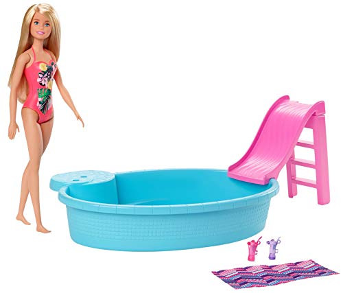 Barbie muñeca rubia de 30 cm con piscina, tobogán y accesorios, regalo para niñas y niños 3-9 años (Mattel GHL91)