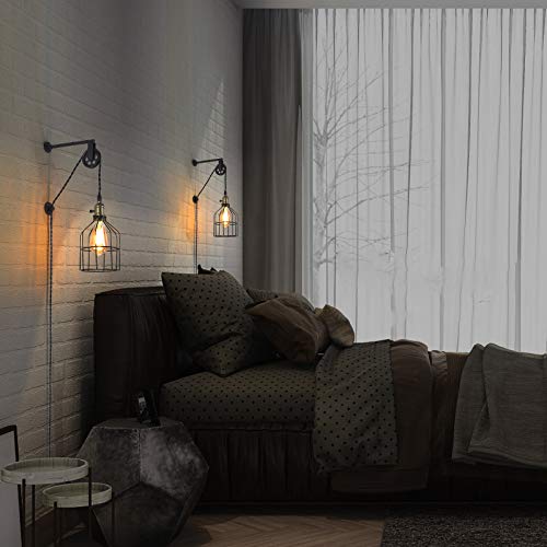 BarcelonaLED Lámpara colgante de polea Aplique pared estilo Industrial vintage altura regulable con jaula negra y interruptor para bombilla E27 dormotorio salon bar BarcelonaLED Lámpara colgante de polea Aplique pared estilo Industrial vintage altura regulable con jaula negra y interruptor para bombilla E27 dormotorio salon bar