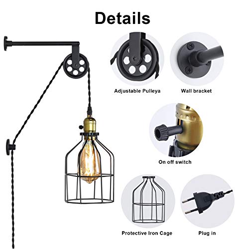 BarcelonaLED Lámpara colgante de polea Aplique pared estilo Industrial vintage altura regulable con jaula negra y interruptor para bombilla E27 dormotorio salon bar BarcelonaLED Lámpara colgante de polea Aplique pared estilo Industrial vintage altura regulable con jaula negra y interruptor para bombilla E27 dormotorio salon bar
