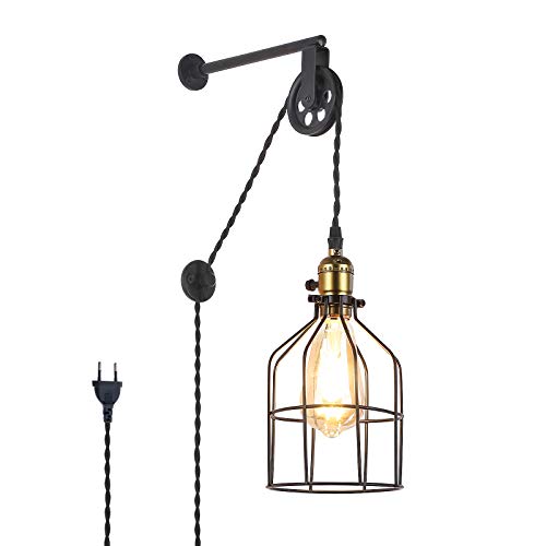 BarcelonaLED Lámpara colgante de polea Aplique pared estilo Industrial vintage altura regulable con jaula negra y interruptor para bombilla E27 dormotorio salon bar BarcelonaLED Lámpara colgante de polea Aplique pared estilo Industrial vintage altura regulable con jaula negra y interruptor para bombilla E27 dormotorio salon bar