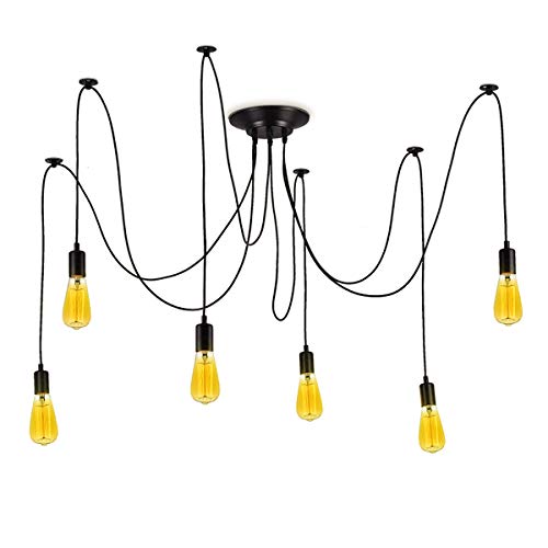 BarcelonaLED Lámpara de Araña Colgante Negro de Suspensión Estilo Vintage Retro con Cable PVC y 6 brazos Portalámparas E27 LED para Techo Habitación Salón Cocina Comedor