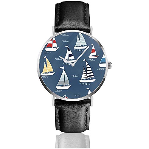 Barcos de Dibujos Animados Marinos en Barco Relojes de Pulsera de Cuero de Acero Inoxidable Relojes de Pulsera