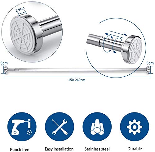 Barra de Cortina de Ducha, SimpleHome Barra Telescópica Extensible Sin Taladrar en Acero Inoxidable, Sin óxido y Antideslizante, para Baño, Cocina, Armario (150-260CM)