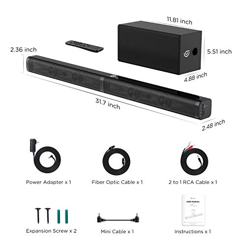 Barra de Sonido 2.1 para TV, BOMAKER 4K&HD 100W con Subwoofer, Potencia 110 dB, Bluetooth 5.0, 5 Modos de Sonido, Óptico, 3,5 mm AUX, USB, para Cine en Casa, Tapio V (Negro-1)
