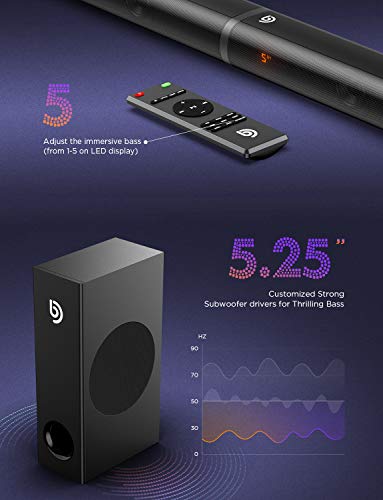 Barra de Sonido 2.1Canales para TV, BOMAKER 190W con Subwoofer, Potencia 120 dB, HDMI, Bluetooth 5.0, 5 Modos de Sonido, Bajos Ajustables, Óptico, 3,5 mm AUX, USB, para Cine en Casa, Tapio III…