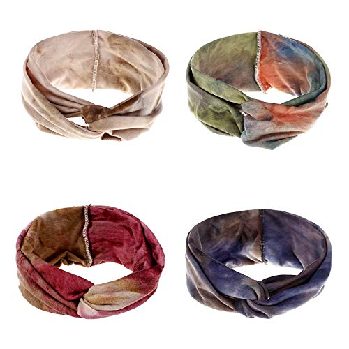 Bascolor Diademas Mujer Elástica Turbantes Flor impresión Diademas Deporte Nudo Banda para Cabello Yoga cabeza Wraps (4pcs tie dye diademas)