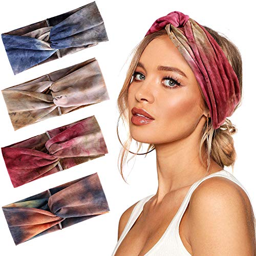 Bascolor Diademas Mujer Elástica Turbantes Flor impresión Diademas Deporte Nudo Banda para Cabello Yoga cabeza Wraps (4pcs tie dye diademas)