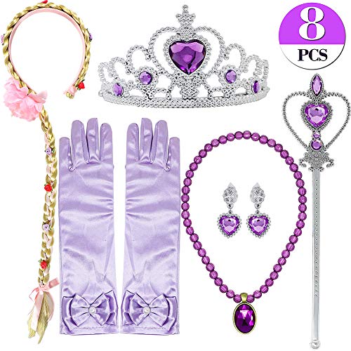 Bascolor Princesa Rapunzel Sofia Disfraz Accesorios Rapunzel Peluca Collar Corona Guantes Pendiente Varita Mágica para niñas Princesa Joyas Cosplay Princesa Disfraz … (con Trenza)