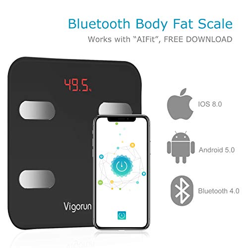 Báscula Baño Vigorun Báscula Grasa Corporal, Básculas Digitales con App y 17 Datos del Cuerpo,Balanza Baño para Peso,Músculo,Grasa Corporal,IMC, BMR,Tasa de proteína, Masa Ósea, y así./max 180kg