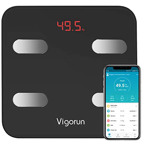 Báscula Baño Vigorun Báscula Grasa Corporal, Básculas Digitales con App y 17 Datos del Cuerpo,Balanza Baño para Peso,Músculo,Grasa Corporal,IMC, BMR,Tasa de proteína, Masa Ósea, y así./max 180kg