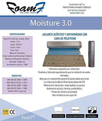 Base Aislante FOAM7 - MOISTURE 3.0 de 3mm. Rollo 20m2. Mejor Aislante Acústico Antihumedad para Tarimas y Parquet; Subsuelo Protección Metalizada. Cubre la humedad e irregularidades. PE Ecológico