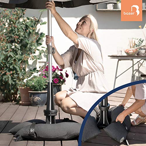 Baser Soporte para sombrilla con Sacos de Arena rellenables 30kg / 40kg / 50kg | Alternativa al Soporte de sombrilla de Granito con Ruedas | Recargable y con asa de Transporte (50kg, Gris Oscuro)