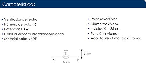 Bastilipo Caleta Ventilador de Techo con Luz E27, 60 W, Blanco, 75 x 32 cm