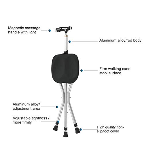 Bastón plegable, bastón Silla Combo Trípode Taburete Bastón plegable con asiento Bastón ajustable para ancianos con luz LED para ancianos