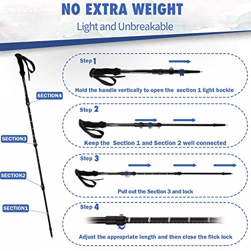 Bastones de Senderismo, Oxford Street Bastones de Trekking Estirables 2pcs Bastones de Senderismo Telescópicos de Acero de Tungsteno Duro y EVA con Sistema antichoque y Bloqueo rápido, Ajustable