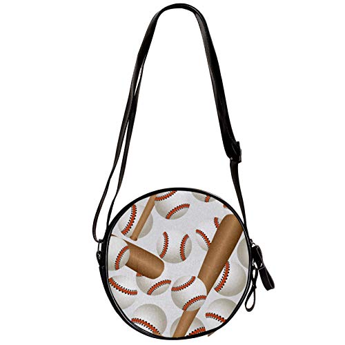 Bate de béisbol y pelotas de deporte patrón diagonal bolsa redonda Crossbody Billetera, bolso de hombro de moda círculo bolso bandolera mini lona Inclinado bolso de hombro