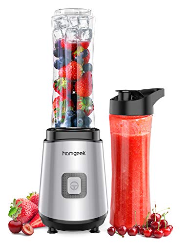 Batidora de vaso, homgeek Licuadora portátil 400W, con 2 botellas deportivas Tritan 600ML, sin BPA, para frutas, verduras y batidos, 400W, plateado