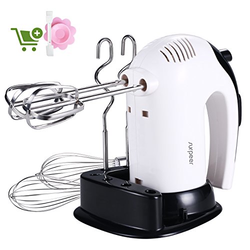 Batidora Varillas Electrica,SURPEER 300W Hand Mixer con Base,5 Velocidades y 6 Accesorio de Acciaio Inoxidable Varilla de Globo Varillas de Batidora y Varilla de Amasadora para Cocina