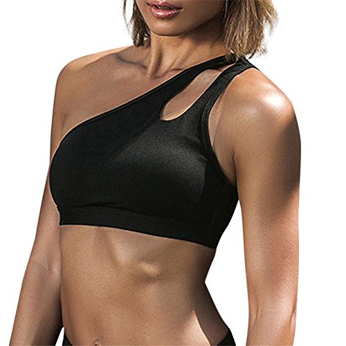 BaZhaHei Chaleco de Mujer Camisetas Moda Mujer Entrenamiento Camisetas sin Mangas Camiseta Deporte Gimnasio Ropa Fitness Yoga Chaleco Corto de Mujer de un Hombro Hueco Deportivo Yoga Negro BKXL