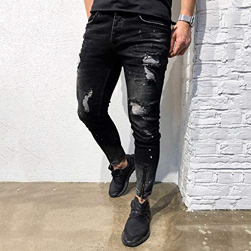 BaZhaHei-Pantalones de hombre Pantalones Vaqueros con Cremallera de Agujero Roto para Hombres de Pantalones de Mezclilla elásticos Pitillo para Hombre Pantalón de Mezclilla deshilachados BaZhaHei-Pantalones de hombre Pantalones Vaqueros con Cremallera de Agujero Roto para Hombres de Pantalones de Mezclilla elásticos Pitillo para Hombre Pantalón de Mezclilla deshilachados