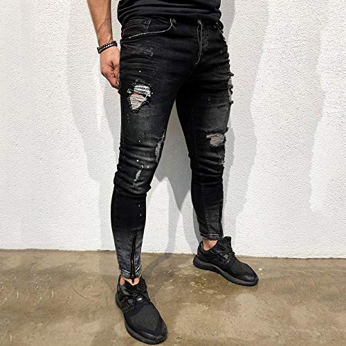 BaZhaHei-Pantalones de hombre Pantalones Vaqueros con Cremallera de Agujero Roto para Hombres de Pantalones de Mezclilla elásticos Pitillo para Hombre Pantalón de Mezclilla deshilachados