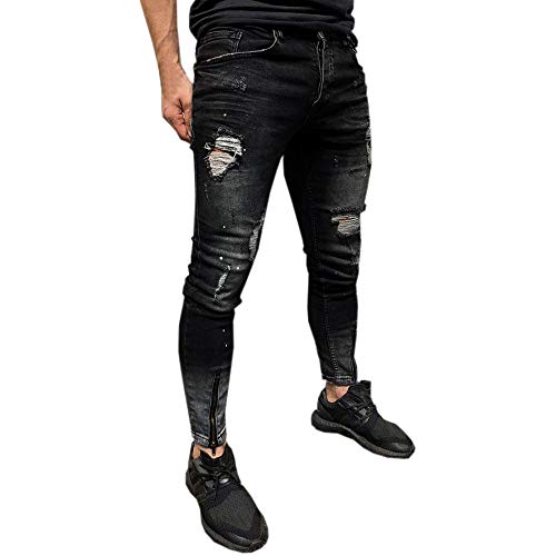 BaZhaHei-Pantalones de hombre Pantalones Vaqueros con Cremallera de Agujero Roto para Hombres de Pantalones de Mezclilla elásticos Pitillo para Hombre Pantalón de Mezclilla deshilachados BaZhaHei-Pantalones de hombre Pantalones Vaqueros con Cremallera de Agujero Roto para Hombres de Pantalones de Mezclilla elásticos Pitillo para Hombre Pantalón de Mezclilla deshilachados
