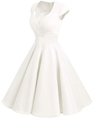 Bbonlinedress Vestido Corto Mujer Retro Años 50 Vintage Escote En Pico Off White XS