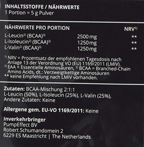 BCAA 500g polvo | 100% puro, sin aditivos | L-Leucina + L-Isoleucina + L-Valina | Proporción de 2:1:1 | Aminoácidos esenciales | Antikatabol + Anabol | Construcción, protección y regeneración muscular