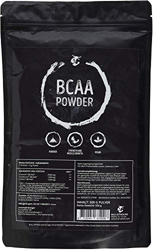 BCAA 500g polvo | 100% puro, sin aditivos | L-Leucina + L-Isoleucina + L-Valina | Proporción de 2:1:1 | Aminoácidos esenciales | Antikatabol + Anabol | Construcción, protección y regeneración muscular