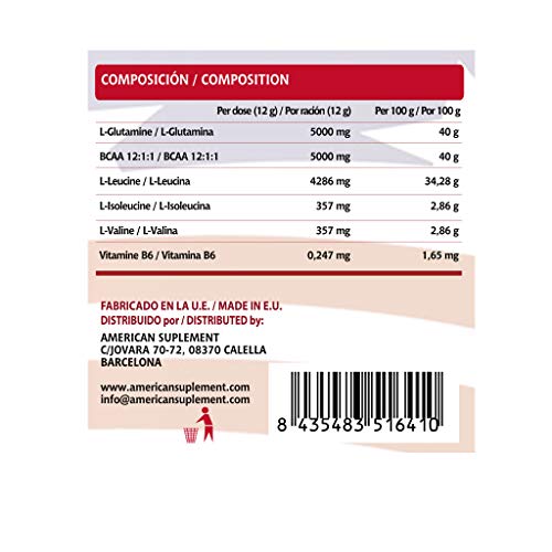 BCAA con Glutamina de American Suplement | Aminoácidos Ramificados Ratio 12:1:1 (L-Leucina + L-Valina + L-Isoleucina) | Recuperación y Ganar Masa Muscular | Vegano, Sin Lactosa, Sabor Manzana, 300g
