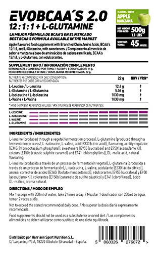 BCAA con Glutamina de HSN Evobcaa's 2.0 | Aminoácidos Ramificados Ratio 12:1:1 (L-Leucina + L-Valina + L-Isoleucina) | Recuperación y Ganar Masa Muscular | Vegano, Sin Lactosa, Sabor Manzana, 500g