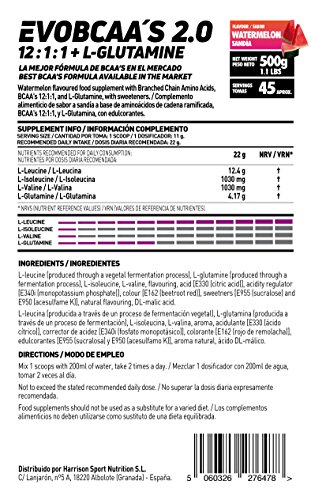 BCAA con Glutamina de HSN Evobcaa's 2.0 | Aminoácidos Ramificados Ratio 12:1:1 (L-Leucina + L-Valina + L-Isoleucina) | Recuperación y Ganar Masa Muscular | Vegano, Sin Lactosa, Sabor Sandía, 500g