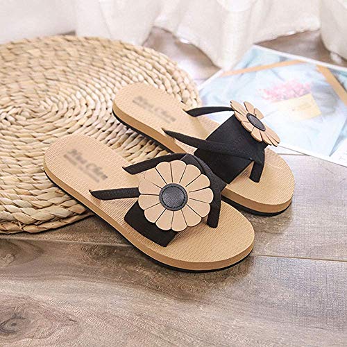 Bcaer Mujer Llevar Zapatillas de Verano Nueva Corea Moda Las Flores de Fondo Plano Chanclas Estudiantes Red roja Antideslizantes Dedo del pie de Playa Zapatos,Black-37