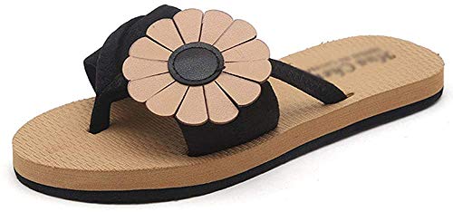 Bcaer Mujer Llevar Zapatillas de Verano Nueva Corea Moda Las Flores de Fondo Plano Chanclas Estudiantes Red roja Antideslizantes Dedo del pie de Playa Zapatos,Black-37