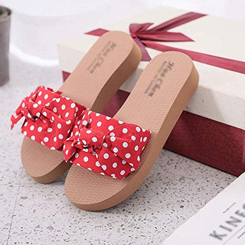 Bcaer Nuevo Arco Zapatillas Verano de Las señoras del Estilo de Corea out Moda Red roja corazón de Las Muchachas Plana Sandalias y Zapatillas,Red-37