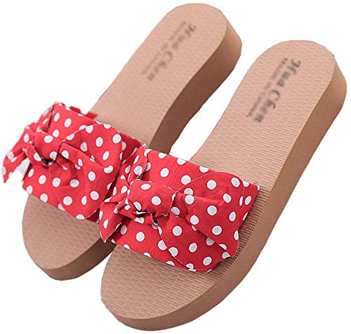 Bcaer Nuevo Arco Zapatillas Verano de Las señoras del Estilo de Corea out Moda Red roja corazón de Las Muchachas Plana Sandalias y Zapatillas,Red-37