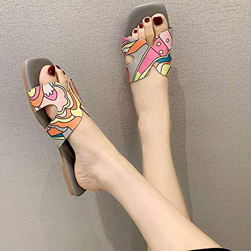 Bcaer Palabra Nuevo H Plana Zapatillas Mujer Floral con Abierta con Punta de Zapatillas de Corea del Bowknot de Playa Zapatos de Vacaciones de Verano,Yellow-38