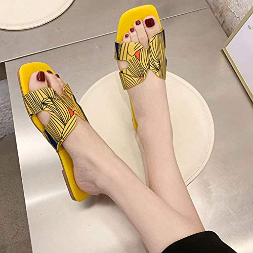 Bcaer Palabra Nuevo H Plana Zapatillas Mujer Floral con Abierta con Punta de Zapatillas de Corea del Bowknot de Playa Zapatos de Vacaciones de Verano,Yellow-38