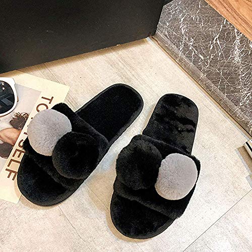 Bcaer Señoras de Felpa Zapatillas de otoño/Invierno de Interior casero con Punta Abierta del Flip-Flop Plana Antideslizante de Madera del Piso del algodón de Pelo, Negro, 41,Black-39