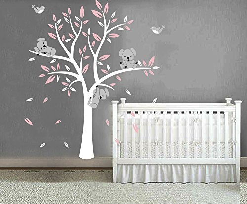 BDECOLL Adhesivo Decorativo para Pared Vinilos Arbol Decoraciones Del Arte con Hojas Blanco y Rosa 2.5*2m Acrílico Pegatinas de Pared para Salón