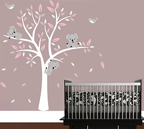 BDECOLL Adhesivo Decorativo para Pared Vinilos Arbol Decoraciones Del Arte con Hojas Blanco y Rosa 2.5*2m Acrílico Pegatinas de Pared para Salón