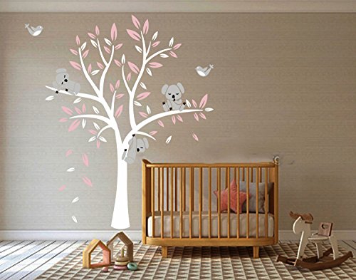 BDECOLL Adhesivo Decorativo para Pared Vinilos Arbol Decoraciones Del Arte con Hojas Blanco y Rosa 2.5*2m Acrílico Pegatinas de Pared para Salón