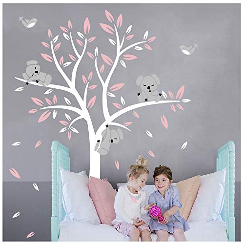 BDECOLL Adhesivo Decorativo para Pared Vinilos Arbol Decoraciones Del Arte con Hojas Blanco y Rosa 2.5*2m Acrílico Pegatinas de Pared para Salón