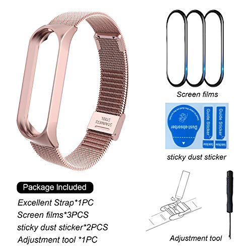 BDIG Correa Compatible para Xiaomi Mi Band 5 Correas Metal + 3 Piezas TPU Protector Pantalla, Pulsera de Acero Inoxidable Agradable para Mi Band 5 Correa (No Host), Rosa