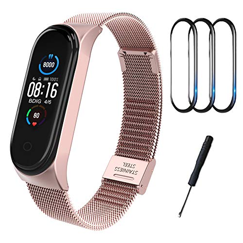 BDIG Correa Compatible para Xiaomi Mi Band 5 Correas Metal + 3 Piezas TPU Protector Pantalla, Pulsera de Acero Inoxidable Agradable para Mi Band 5 Correa (No Host), Rosa