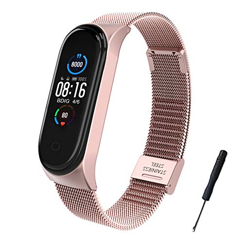 BDIG Correa Compatible para Xiaomi Mi Band 5 Correas Metal, Pulsera de Acero Inoxidable Agradable para Mi Band 5 Correa (No Host) (Melan Rosa)