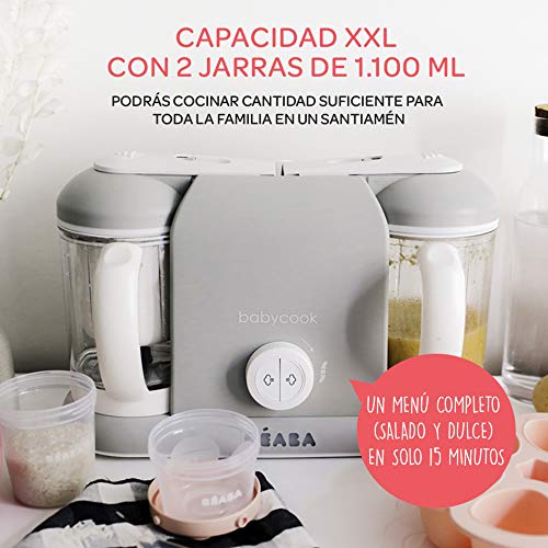 Béaba Babycook Duo Robot de cocina infantil 4 en 1 Tritura, cocina y cuece al vapor Rápido en 15 minutos Comida casera para bebés y niños Capacidad XXL 2 x 200 ml Gris