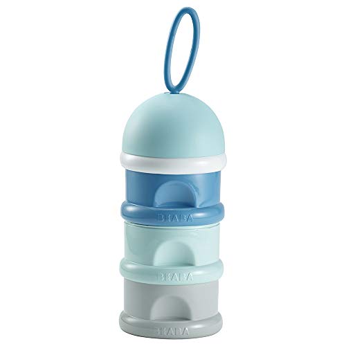 BÉABA Recipiente dosificador de leche en polvo Dispensador de Leche Bebé Apilable 3 Compartimentos 100% Hermética Uso evolutivo como caja de snacks Azul/Verde/Gris