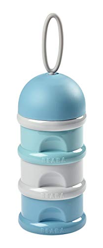 BÉABA Recipiente dosificador de leche en polvo Dispensador de Leche Bebé Apilable 3 Compartimentos 100% Hermética Uso evolutivo como caja de snacks Azul/Verde/Gris