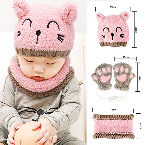 Bearbro Bufandas del Bebé, Invierno Niño Niña Sombrero y Bufandas otoño Invierno niños niñas Punto Gorras y Bufanda Guantes Traje de Tres Piezas (Rosado)